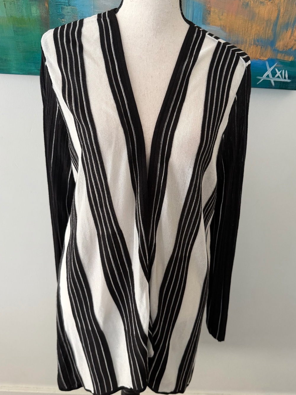 Chicos NWT Chic Black And White Stripe Cotton Blend Knit Open Front Cardigan M